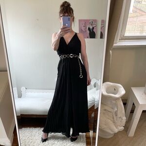 BLACK SLEEVELESS JUMPSUIT ADJUSTABLE STRAPS ACCORDION PLEATS SIDE ZIPPER